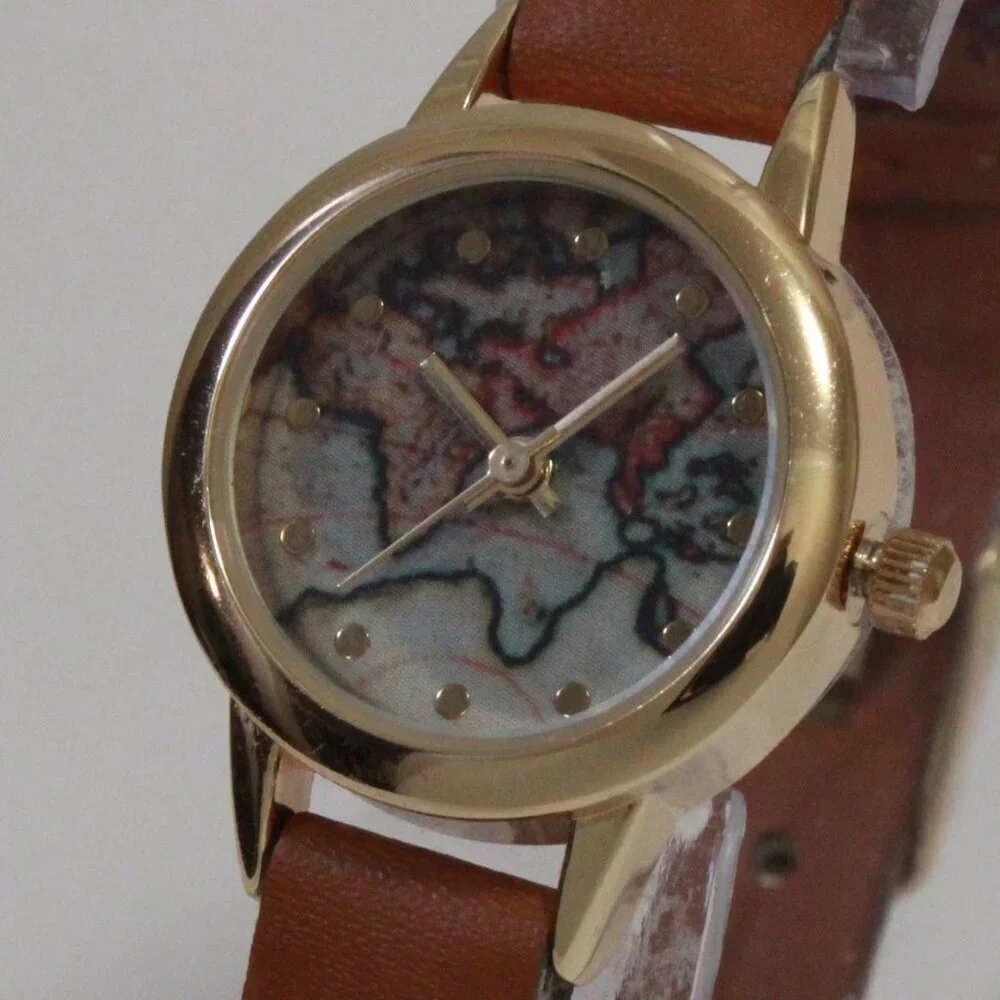Accutime Ladies Casual Quartz Watch Map Dial Gold Tune Braided Strap 24mm